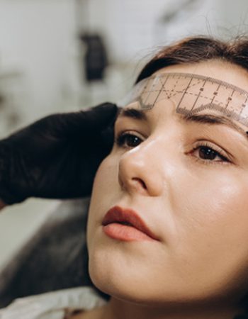 Marking of eyebrows. Permanent brow makeup. Markings with white paste and measuring ruler